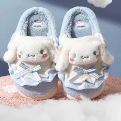 Sanrio Blue Cinnamoroll Cotton Slippers Winter Cartoon Hello Kitty Pink Plush Warm Shoes Non-Slip Soft Thick Soled Home Slippers