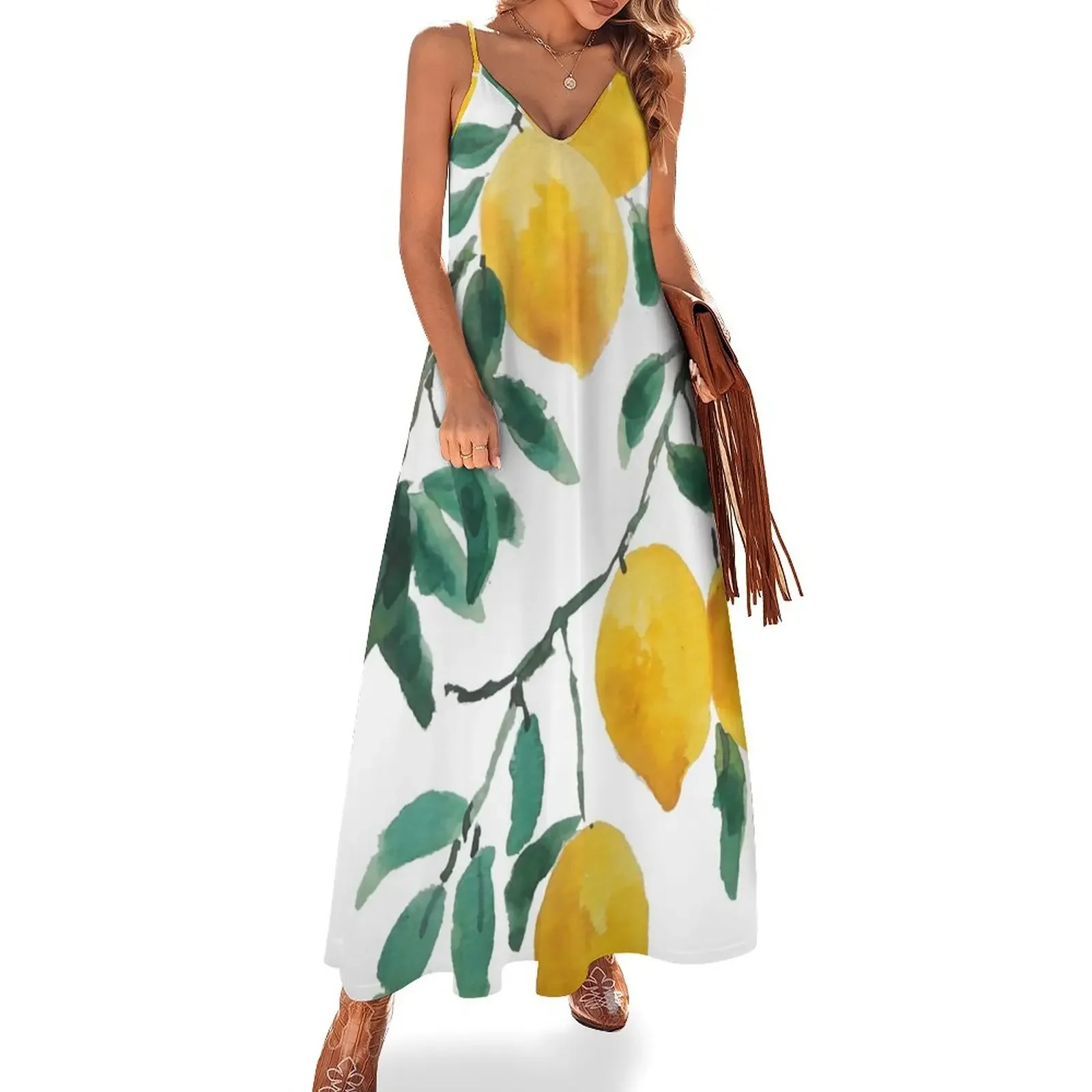 

yellow lemon watercolor Sleeveless Dress dress for women luxury dress