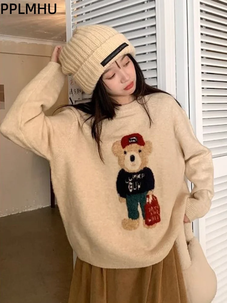

Женский повседневный мешковатый свитер с круглым вырезом, плюшевые утолщенные пуловеры с мультяшным медведем, модный мягкий трикотаж с длинными рукавами Sueter
