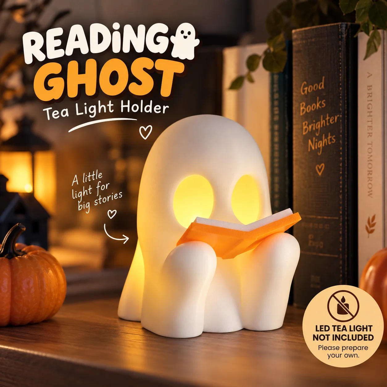 3D Printed Reading Ghost Tea Light Holder, Cute Halloween Book Lover Shelf Decor, Spooky Desk Ornament, LED Light Not Included