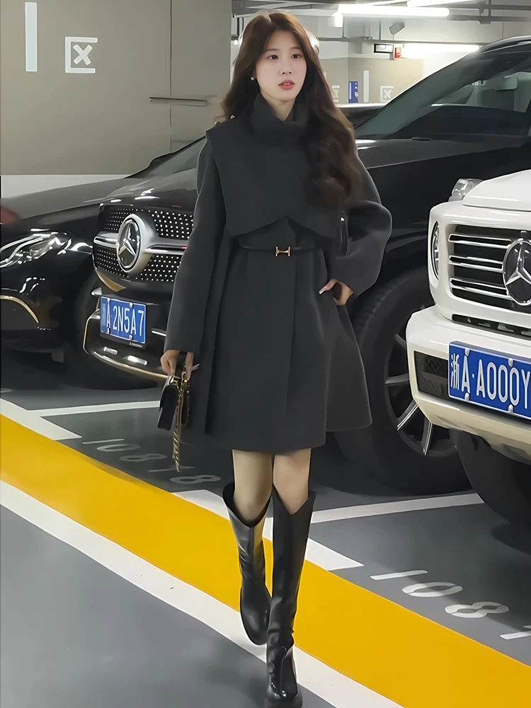 

MiiiiX Retro Mid-length Slim Woolen Coat with Detachable Cape A-line Loose Thicken Jacket with Belt 2024 Autumn Women's Clothes