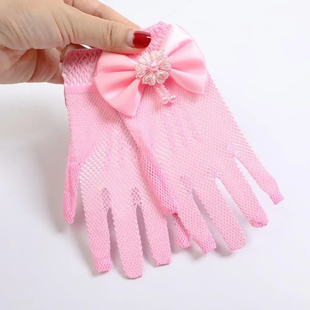 1 Pair Children Gloves Flower Girl Mittens Bow Decor Faux Pearl Lace Gloves Five Fingers Thin Wedding Gloves Clothes Accessories