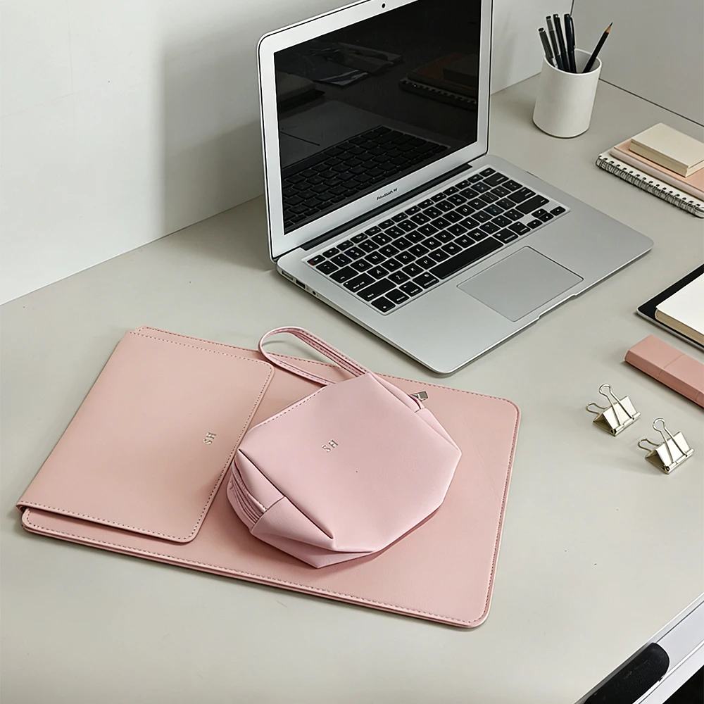 Business Office Commuting Personalized Laptop Pouch Luxury PU Leather Protective Laptop Sleeve With Stand Charger Storage Bag