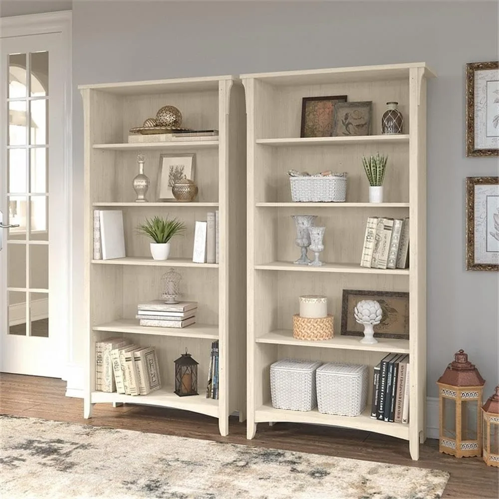 Bush Furniture Salinas 5 Shelf Bookcase - Set of 2 | Large Open with Shelves in Antique White Sturdy Display Cabinet for Library