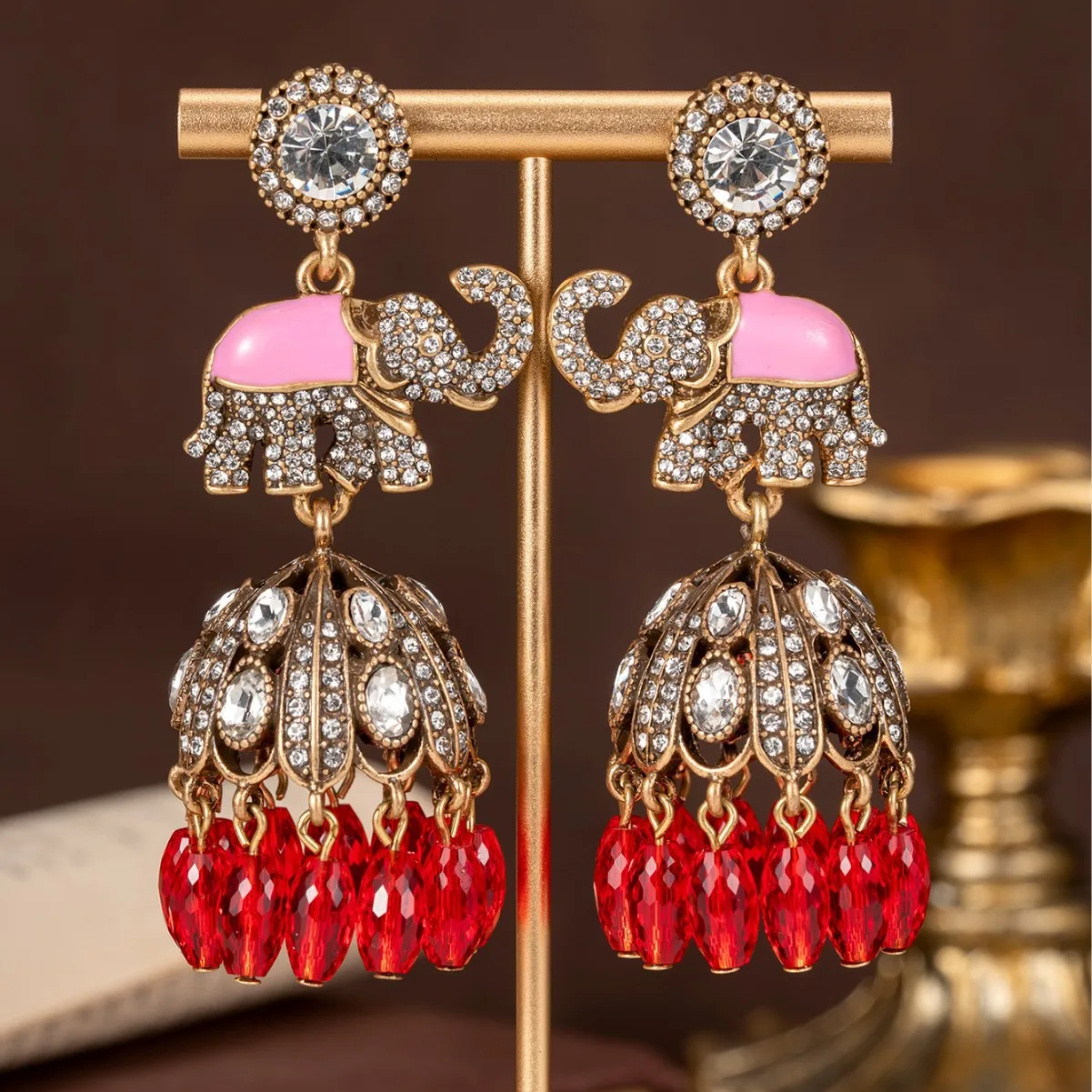 

Medieval Vintage Enamel Animal Rhinestone Paved Elephant Water Drop Tassel Long Dangle Earrings Palace Style Earrings for Women