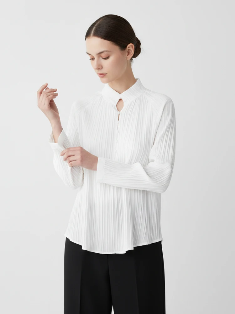 

White Elegant Pleated Single-breasted Shirt Lady Solid Stand Collar Full-sleeve Casual Loose Blouse 2026 Women Office Shirt