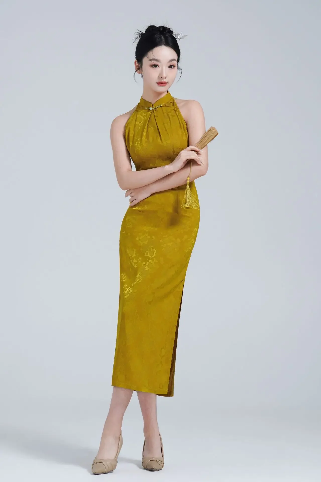

Spring/Summer New Improved Qipao Mid length Yellow Elegance Daily Women Cheongsam Dress