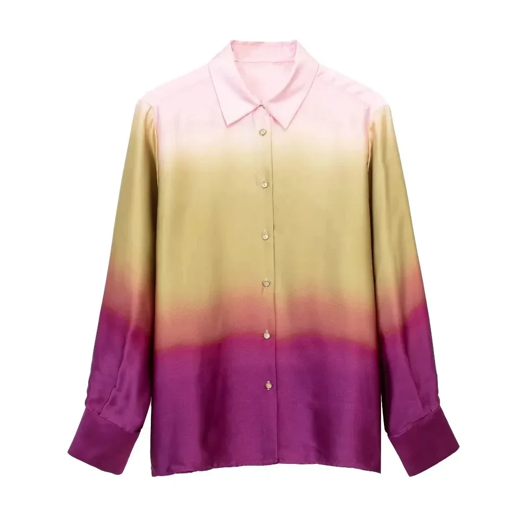 Tie Dye Shirt For Women Casual Button Lapel Print Satin Long Sleeve Shirts 2023 Streetwear Female Chic Tops Slim Blouse