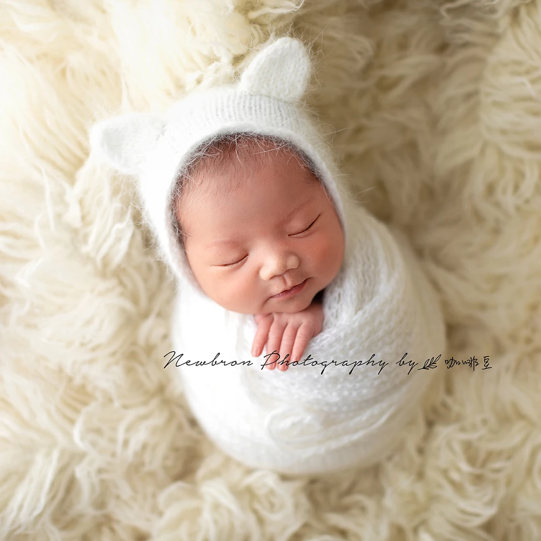 

Vintage Knit Angora Wrap And Teddy Bear Bonnet Newborn Photography Props Baby Soft Stretch Jersey Swaddle Blanket Photo Shoot