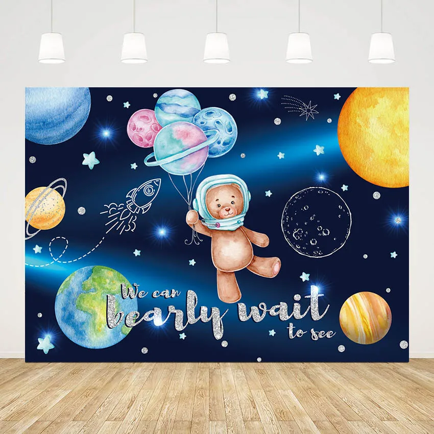 

Mehofond Photography Background Blue Starry Planet Rocket Toy Bear Baby Shower Party Decoration Backdrop Photo Studio Photozone