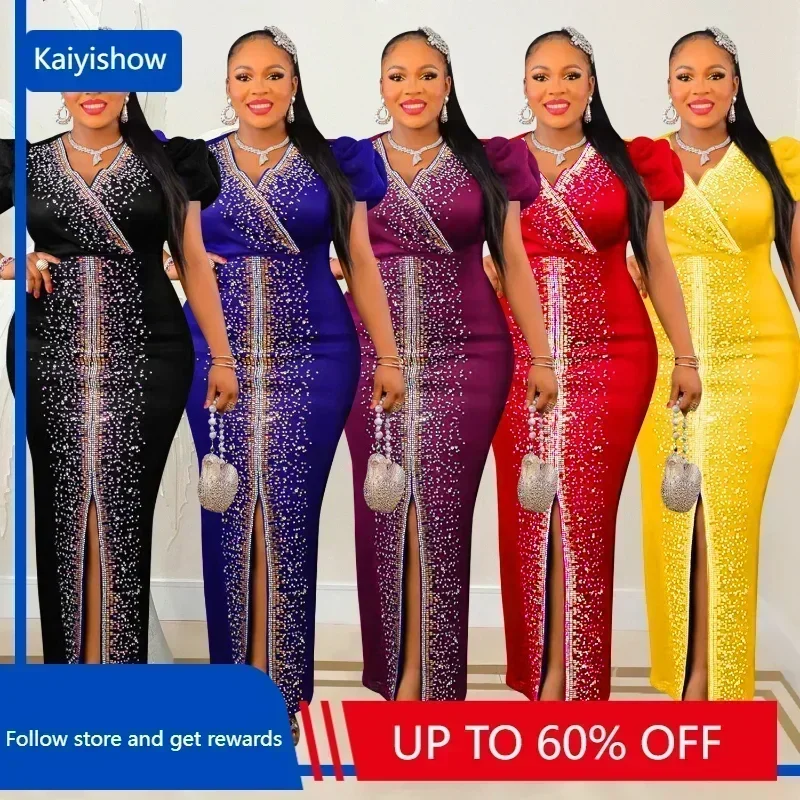 Customized African Dresses for Women Summer Autumn African V-neck Short Sleeve Polyester Black Blue Red Yellow Long Dress Maxi D