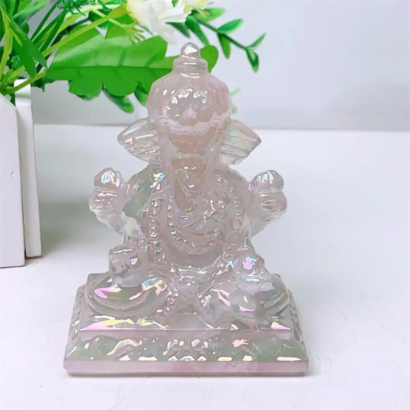 

Natural Aura Quartz Ganesha Carving Statue Carved Crafts Polished Healing Figurine Home Ornament Gift 1PCS