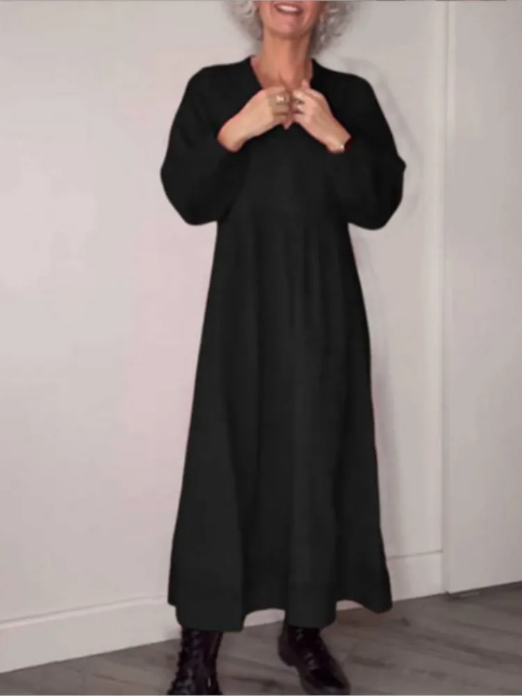 Women's Fashion Solid Dress Casual V Neck Long Sleeve Loose Dresses Robe Femme Elegant Office Womens Clothing Autumn Winter New