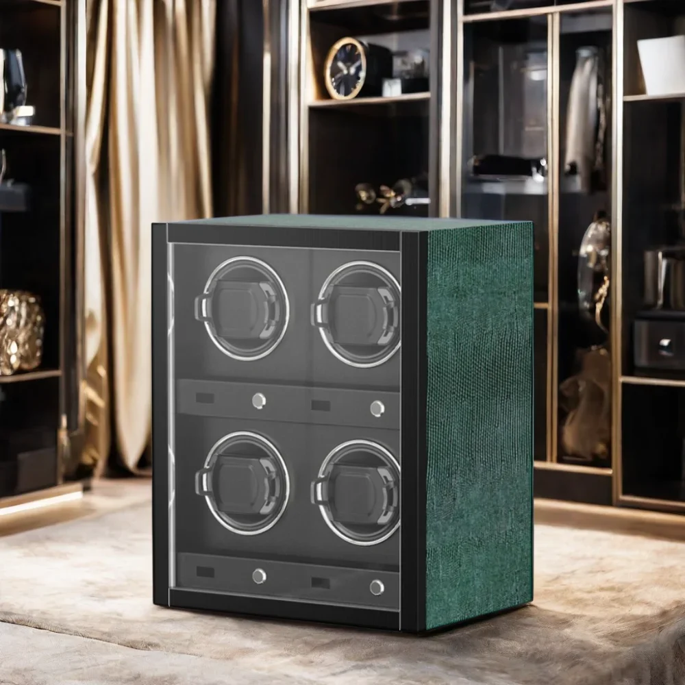 

Popular Modern 4 Slots Dukwin Watch Winder Green Crocodiles Pu Leather Watch Winder Safe Box