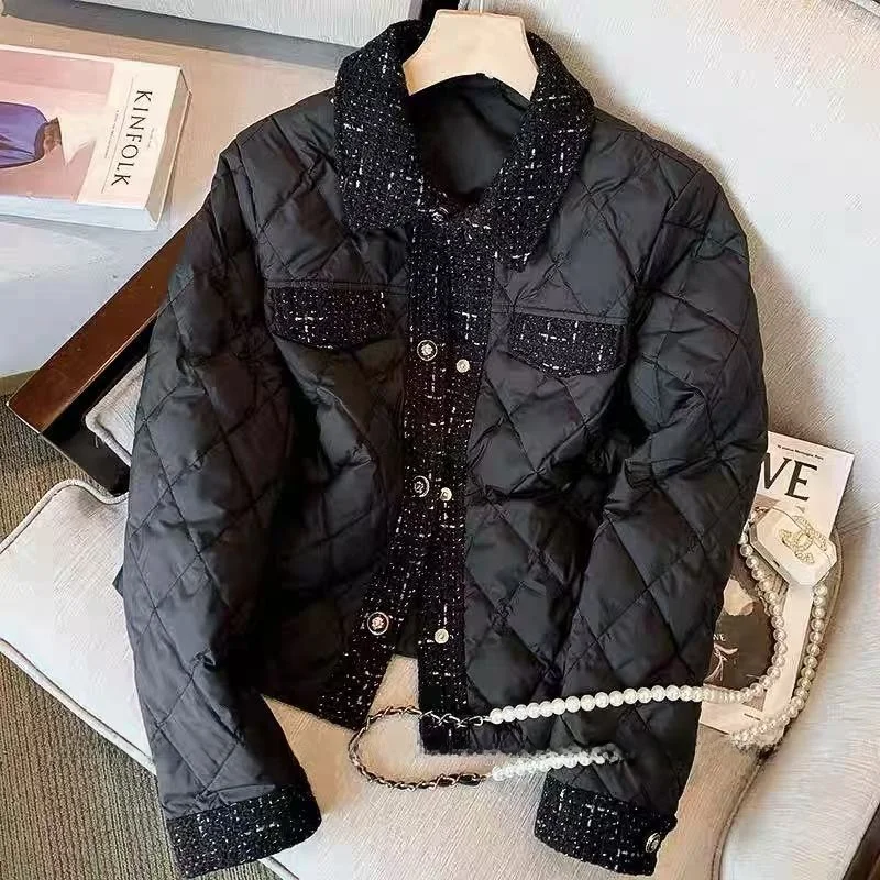 黒のキルティングコットンジャケット レディース 冬用 軽量デザイン スリムフィット ポロ襟 長袖 コットンアウター