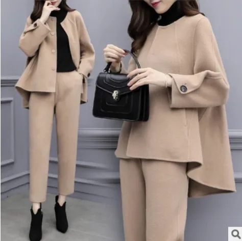 New Women\'s autumn and winter large pants long-sleeved jacket jacket Ankle-Length pants casual fashion suit wool two-piece set