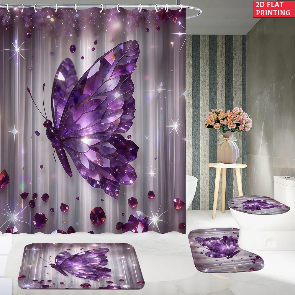 

1pc/4Pcs Shower Curtain & Bath Mat Set, Purple Butterfly with Sparkles Gems 2D Flat Print, Non-Slip Bathroom with 12 C- hooks