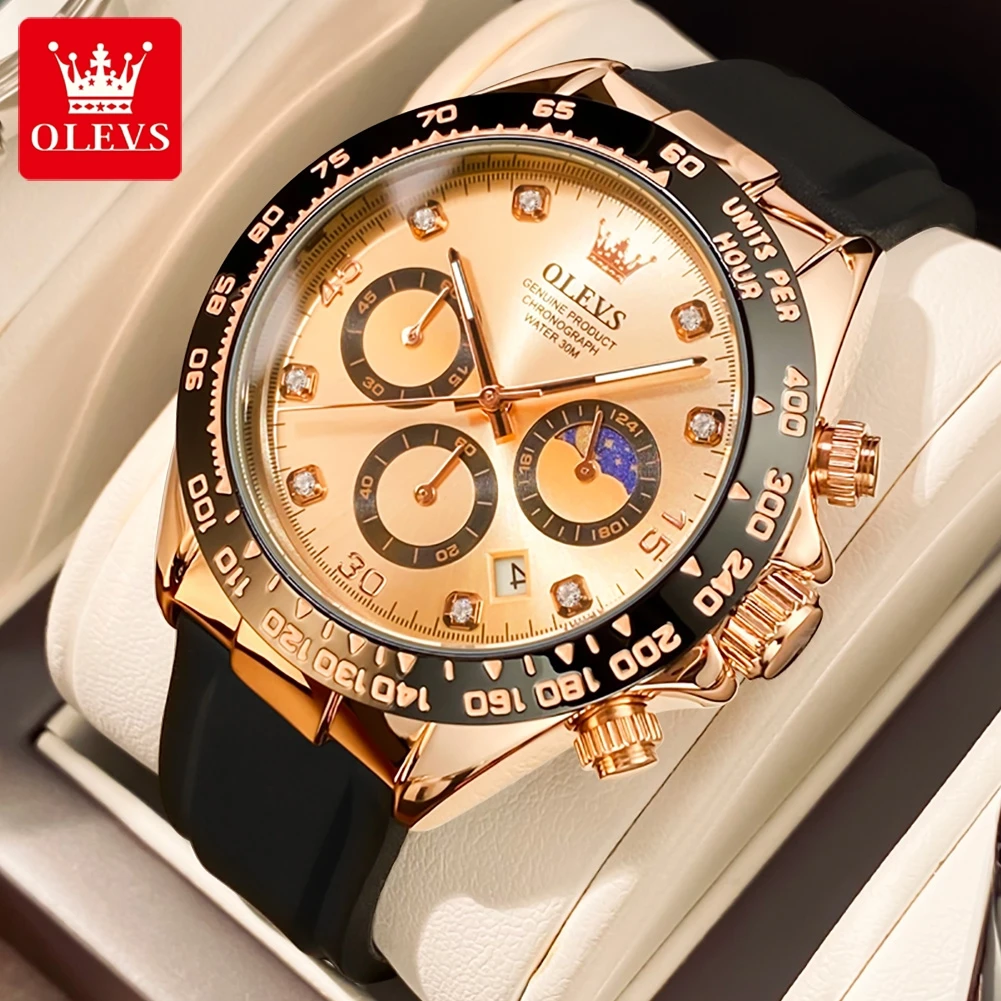 

OLEVS New Luxury Moon Phases Quartz Watch for Men Multifunction Sport Waterproof Luminous Date Chronograph Fashion Mens Watches