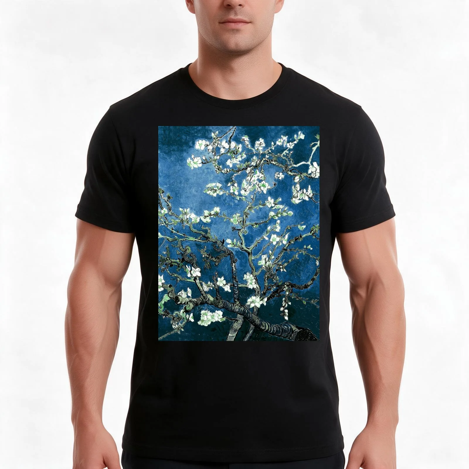 Van Gogh Almond Blossoms Deep Ocean Blue T-Shirt Summer Casual Cotton Tee Oversized Streetwear Tops Vintage Graphic Print