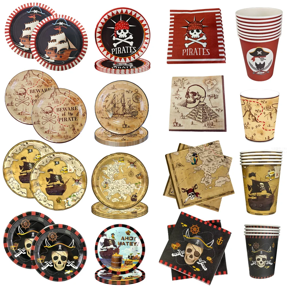 Pirate Disposable Tableware Paper Plate Cup Napkins Kids Birthday Party Decorations Halloween Party Dessert Tableware Supplies