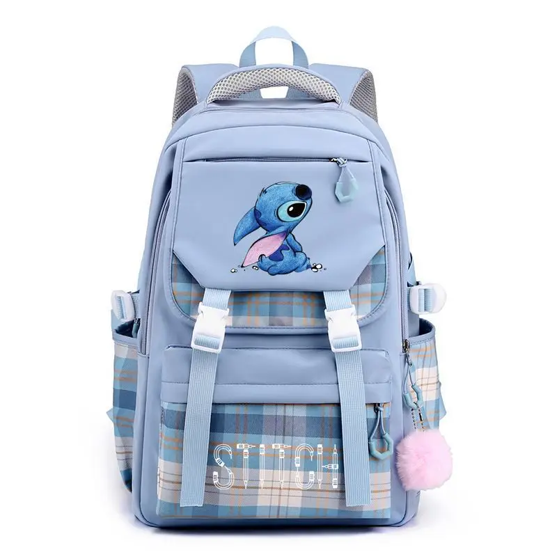 

Disney Stitch Angel Large Capacity Backpack Lightweight Nylon with Adjustable Straps Plaid Cartoon Print Multiple Compartments
