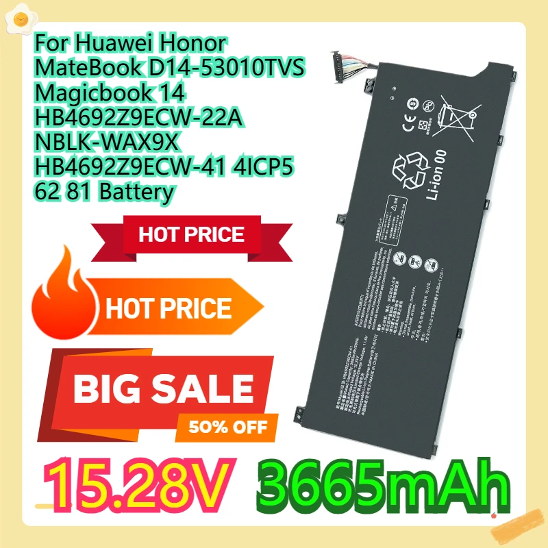 

For Huawei Honor MateBook D14-53010TVS Magicbook 14 HB4692Z9ECW-22A NBLK-WAX9X HB4692Z9ECW-41 4ICP5 62 81 Battery 56WH