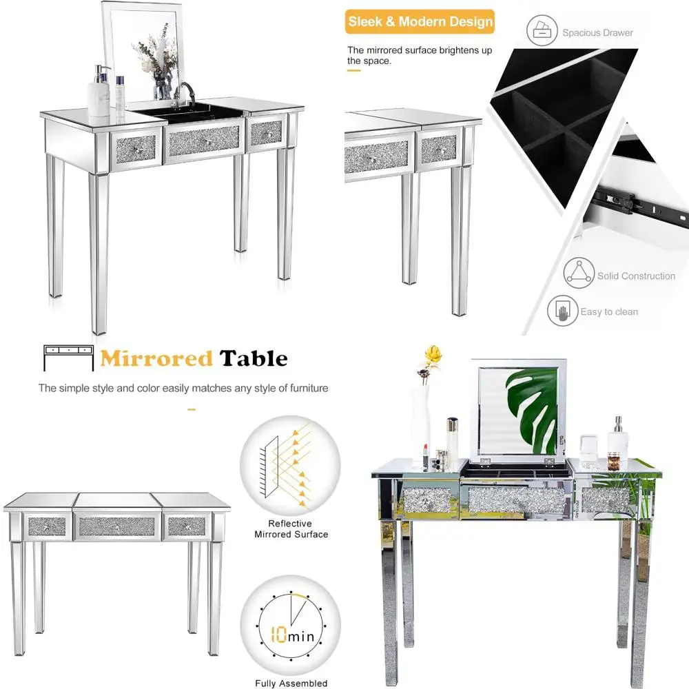 Glamorous Silver Vanity Table with Flip Mirror, 3 Drawers, and Glittering Glass Top