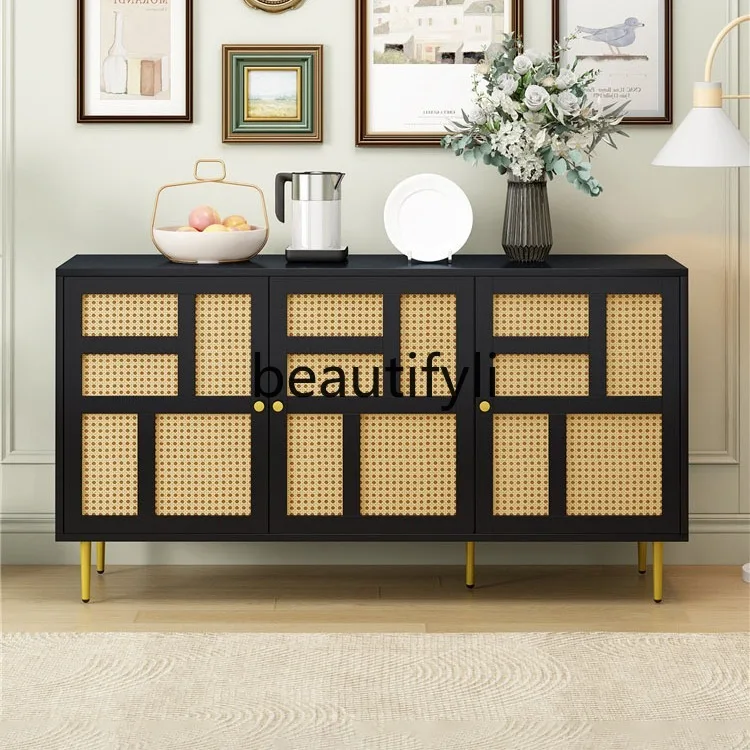

Nordic Vintage Solid Wood Sideboard Retro Distressed Rattan Cabinet Modern Minimalist Living Room Storage Cabinet