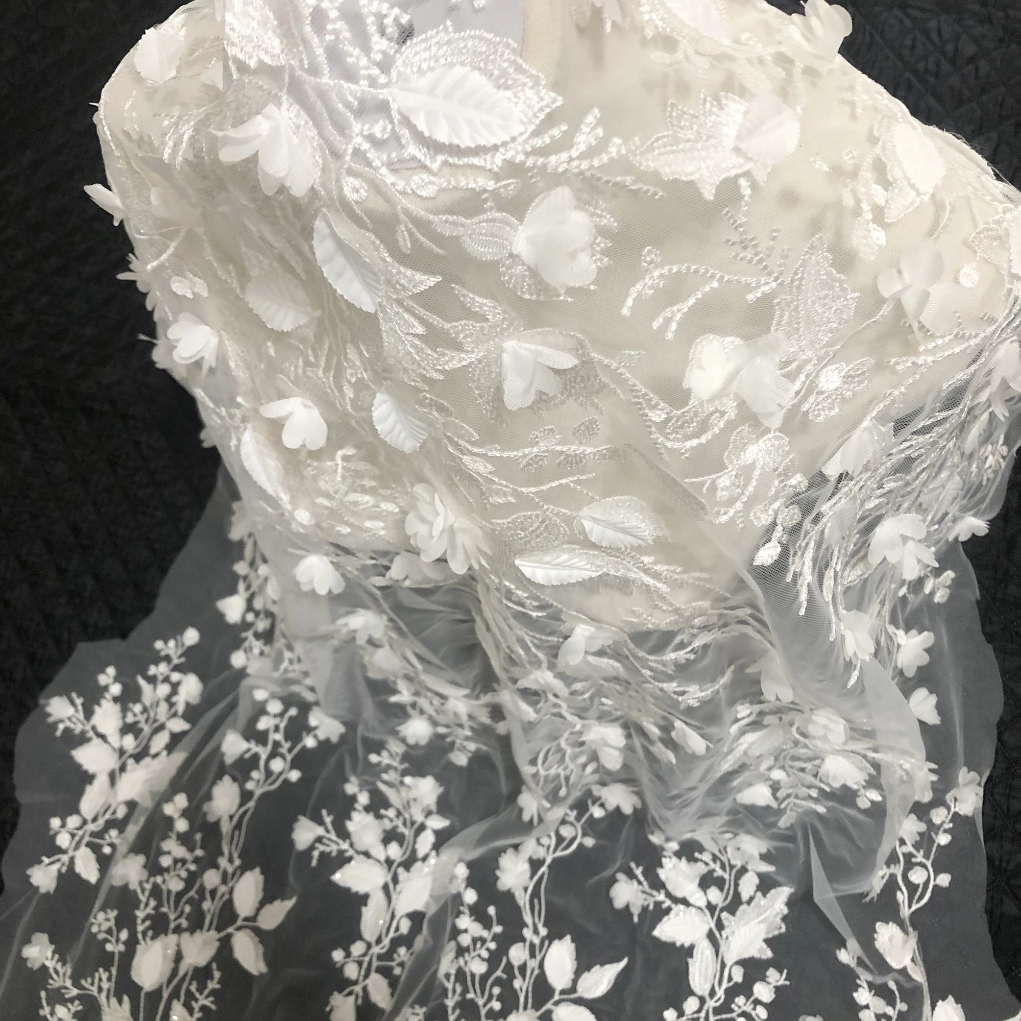 Private Custom Handmade Three-Dimensional Flowers Sequin Embroidery Wedding Dress Lace Fabric Women Clothing Fabrics