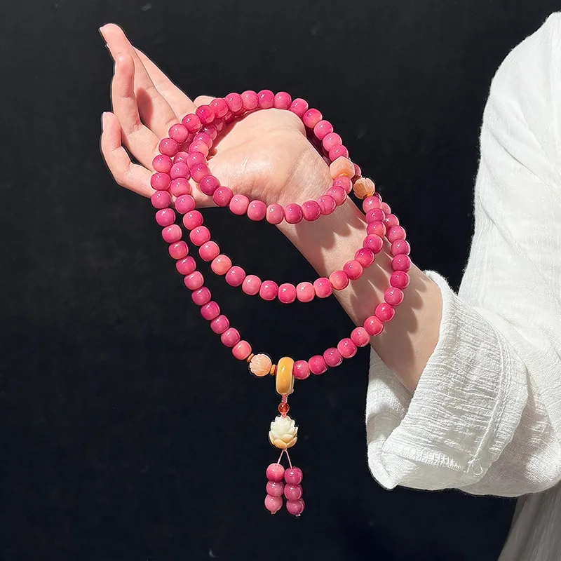 Chinese Style Lucky 108 Beads Plum Pink Bodhi Mala Bracelet For Women Spiritual Prayer Meditation Wrist String Blessing Good For