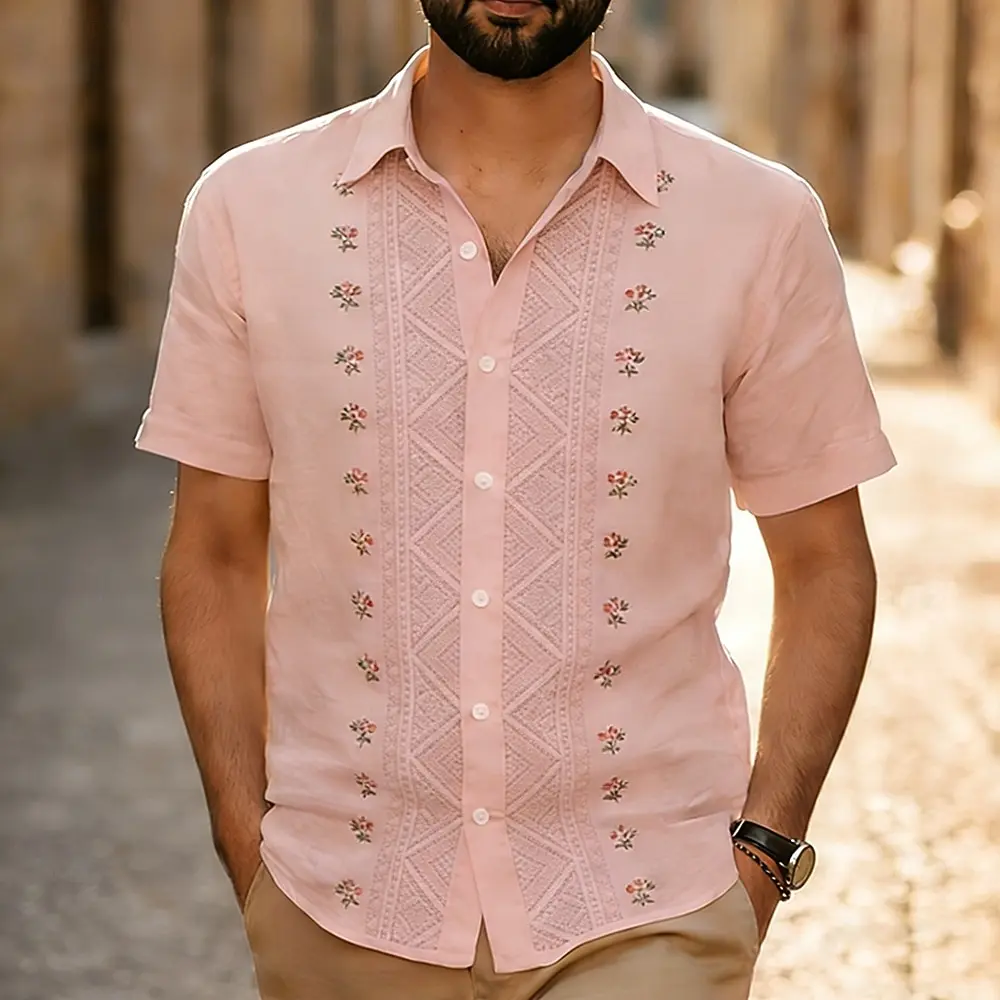 Men's Geometric Ethnic Floral Print Short Sleeve Guayabera Shirt 3D Print Button Up Turndown Collar Outdoor Vacation Tops Summer