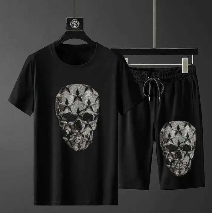 

S-4XL Men's Anime Diamonds Skulls Tracksuit Streetwear Fitness Rhinestones Suits Set Tops and Shorts