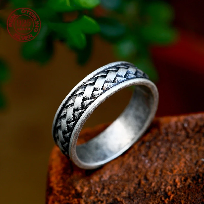 

Personality Simple Viking Symbols S925 Sterling Silver Knitting Weaving Ring For Men Vintage Simple Jewelry Creativity Gift
