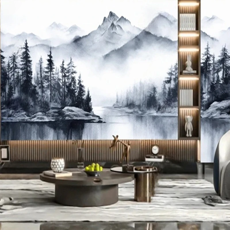 Custom Wallpaper Murals Black White Mountain Forest Landscape Nature Scenery Wall Art Ink Painting Modern Decorative Background