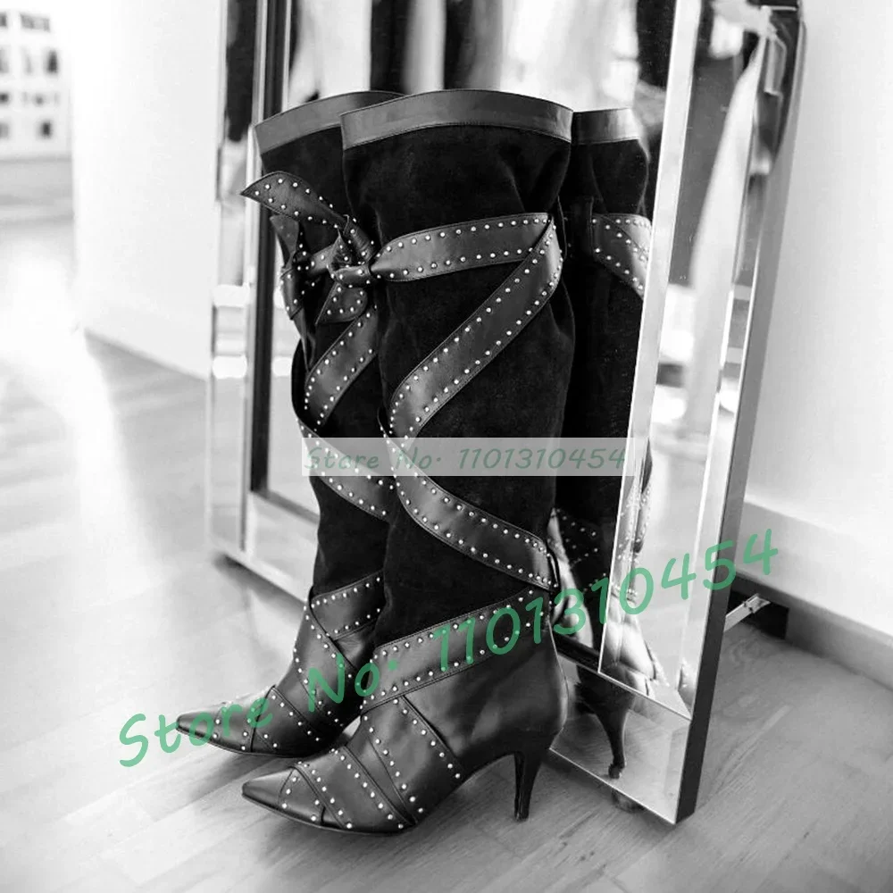 

Black Cross Belt Strap Boots Women Stylish Studded Straps High Heels Knee High Boots Spring Pointed Toe Pull On Elegant Shoes