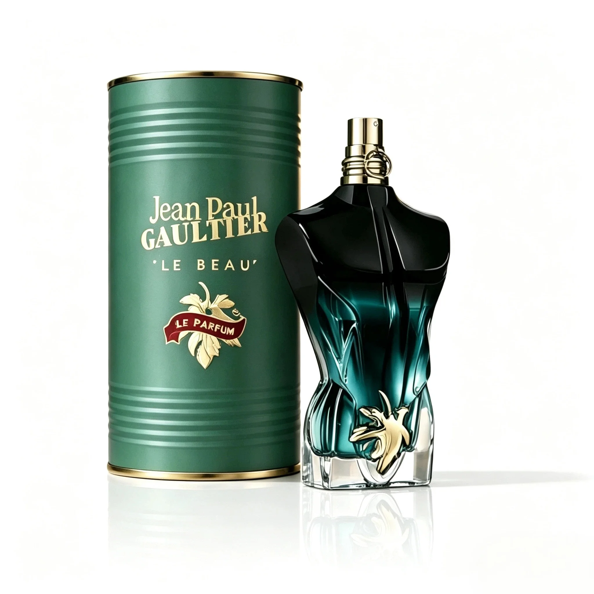 Jean Paul Gaultier Le Beau Unisex EDP Parfüm, 100ml. Der charakteristische blau verlaufende Farbton des Flaschenkörpers, die luxuriöse zylindrische Geschenkbox aus grünem Metall und das Logo Geruch,