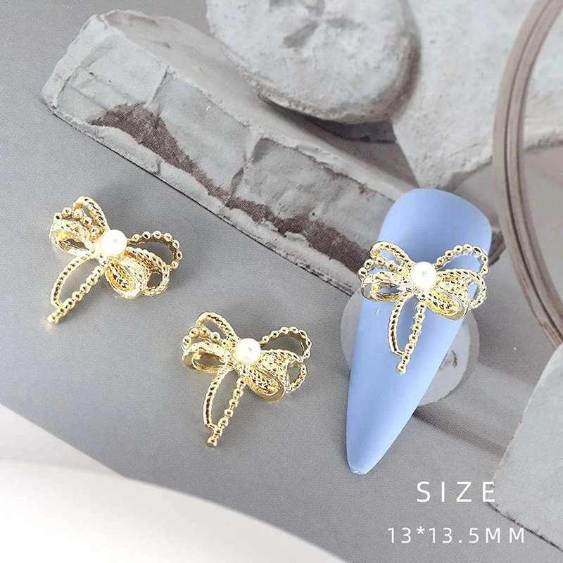 10Pcs Hollow Bowknot Nail Decor DIY Art Accessory Rhinestone Metal Gold Silver Nail Charms 3D Alloy Bow Tie Biżuteria Manicure