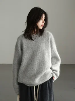 CHIC VEN Alpaca Blend Crew Neck Sweater 4 CHIC VEN Women's Sweater Pullover Solid Loose O Neck New Soft Alpaca Female Tops Woman Knitwear Jumpers Spring Autumn 2024 4