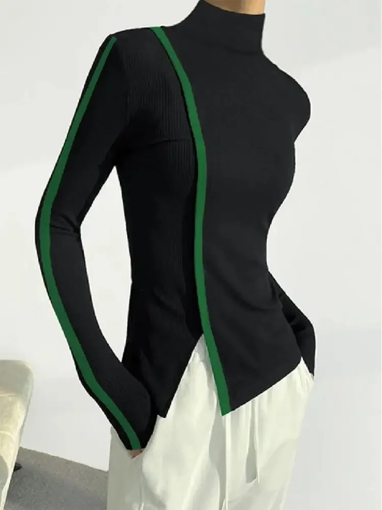 Bonboho Autumn Women's Black Skinny T-shirt with Green Strip High Neck Long Sleeve Elegant Pullover Undershirts for Female