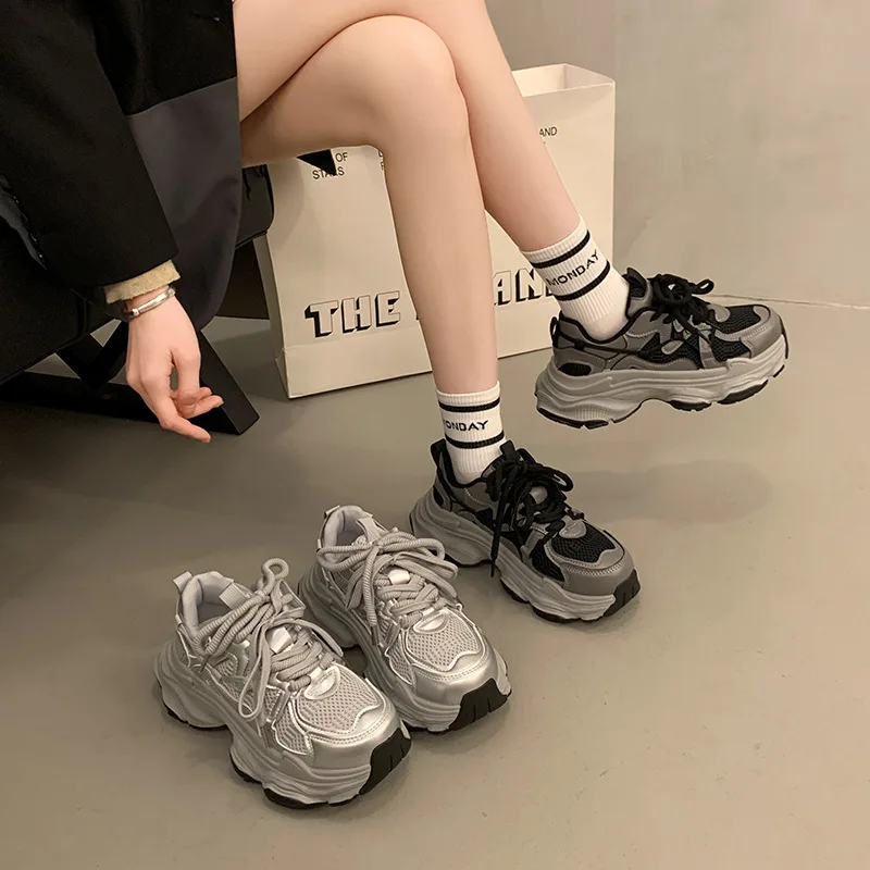 Casual Sneakers Women's Fleece Lined Platform Chunky Shoes 2025 Autumn Winter Height Increasing Fleece-lined Versatile Shoes