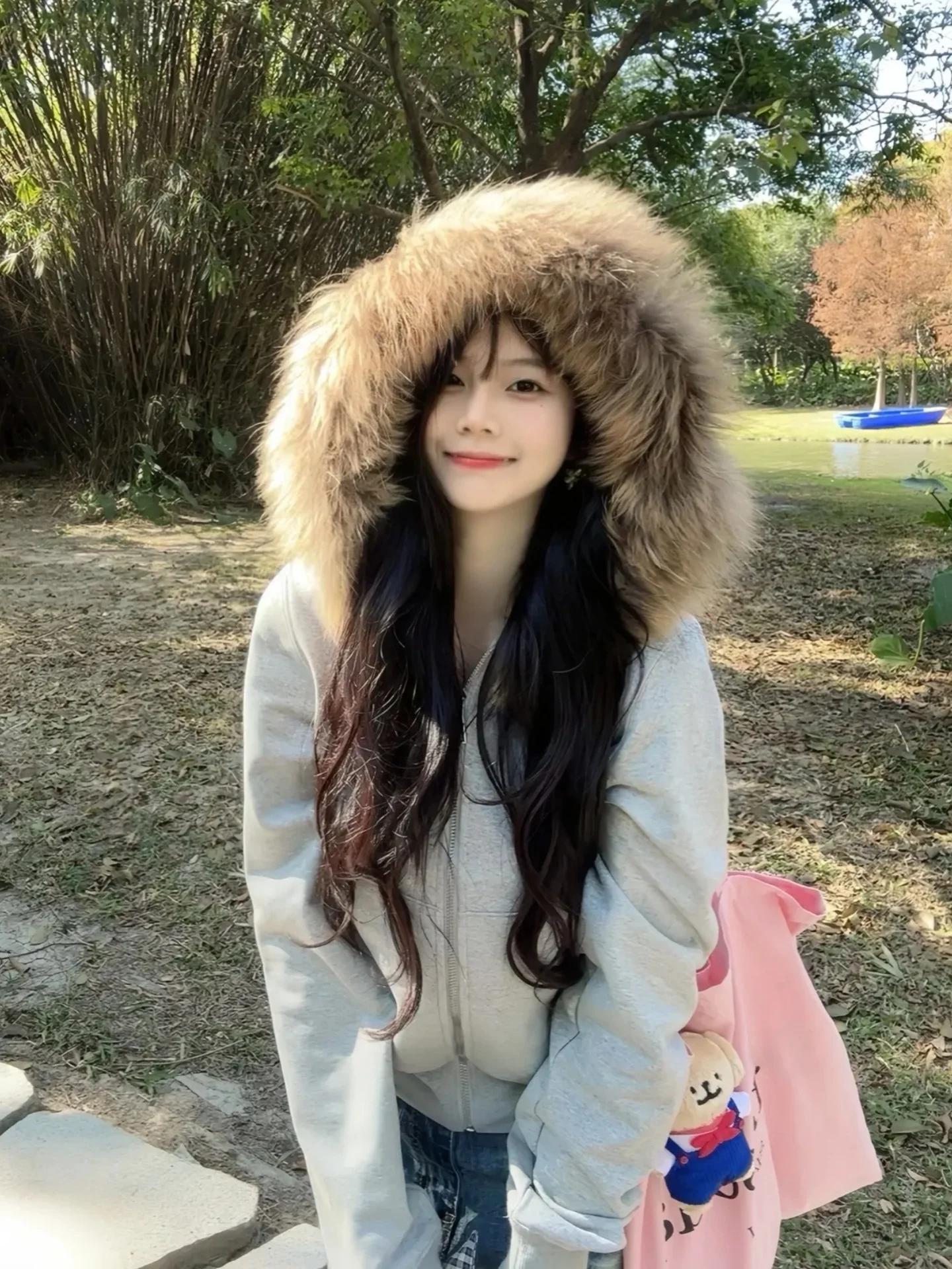 

Thiened Fce Hoodie ex Winter Coat with Big Fur Collar Double Zipper Casual Loose Sportswear for Men And Women