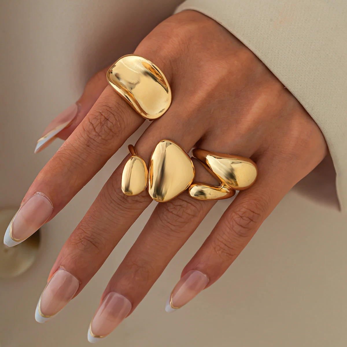 SHIXIN 3 Pcs Punk Water Drop Snake Open Rings Set for Women Hip Hop Smooth Chunky Gold Color Adjustable Ring Finger Jewelry New