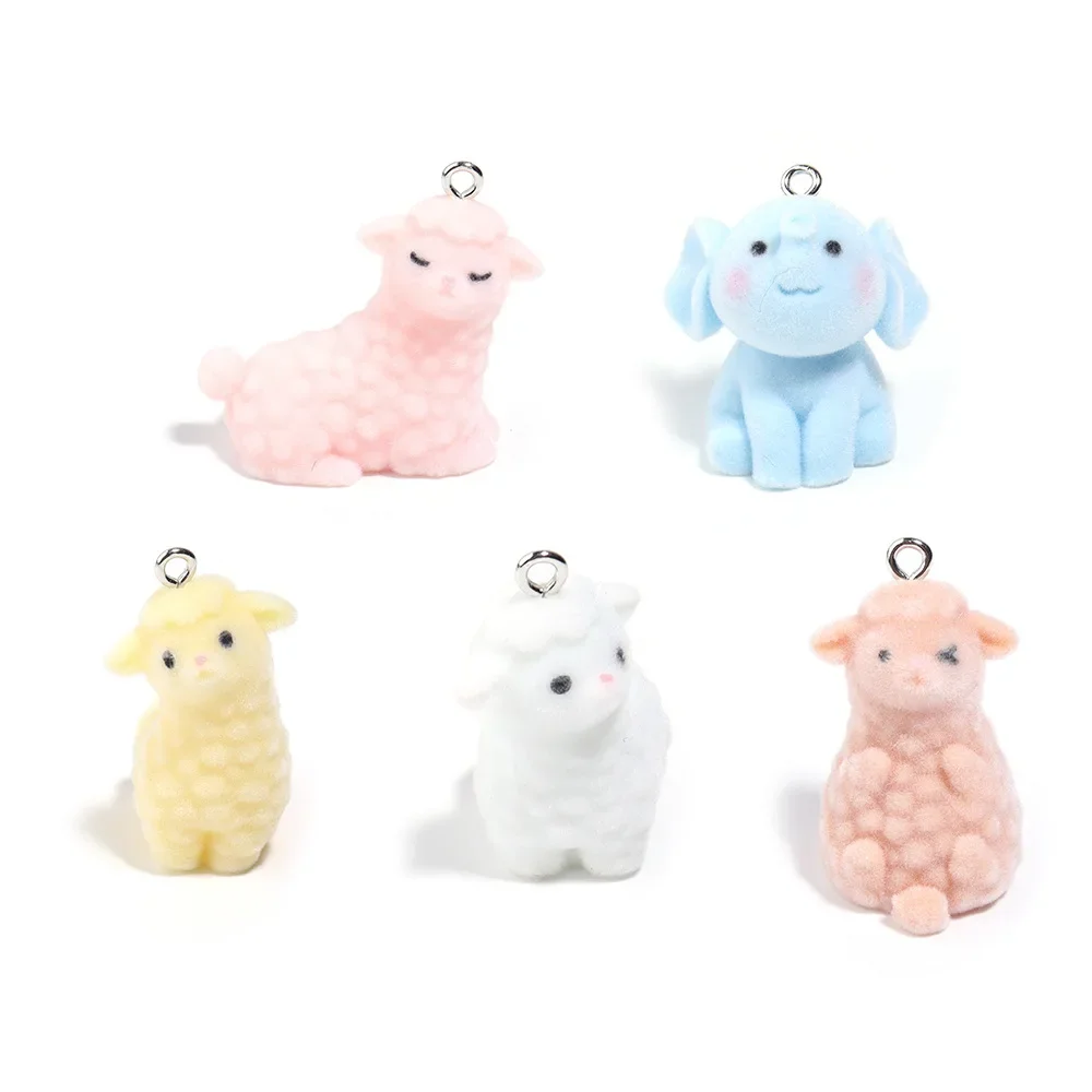 20Pcs 3D Flocked Elephant Charms Cartoon Animal Plush Sheep Resin Pendant Phone Keychain Necklace Bag Earring DlY Jewelry Make