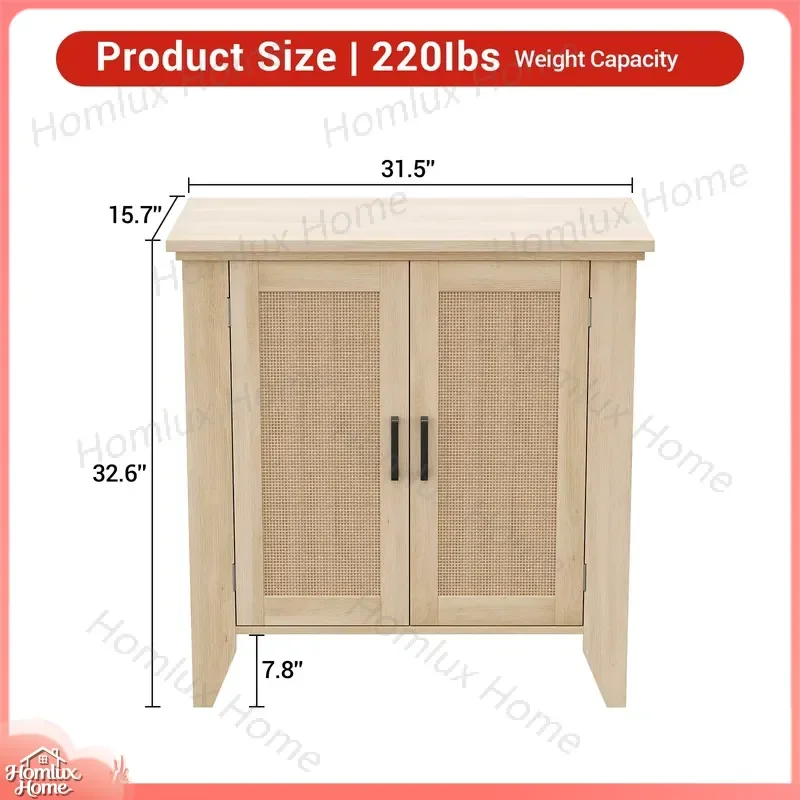 Rattan Sideboard Cabinet with 2 Doors Solid Wood Legs Storage Buffet Cabinet Worktable Top 95 kg Load Capacity 3-Level