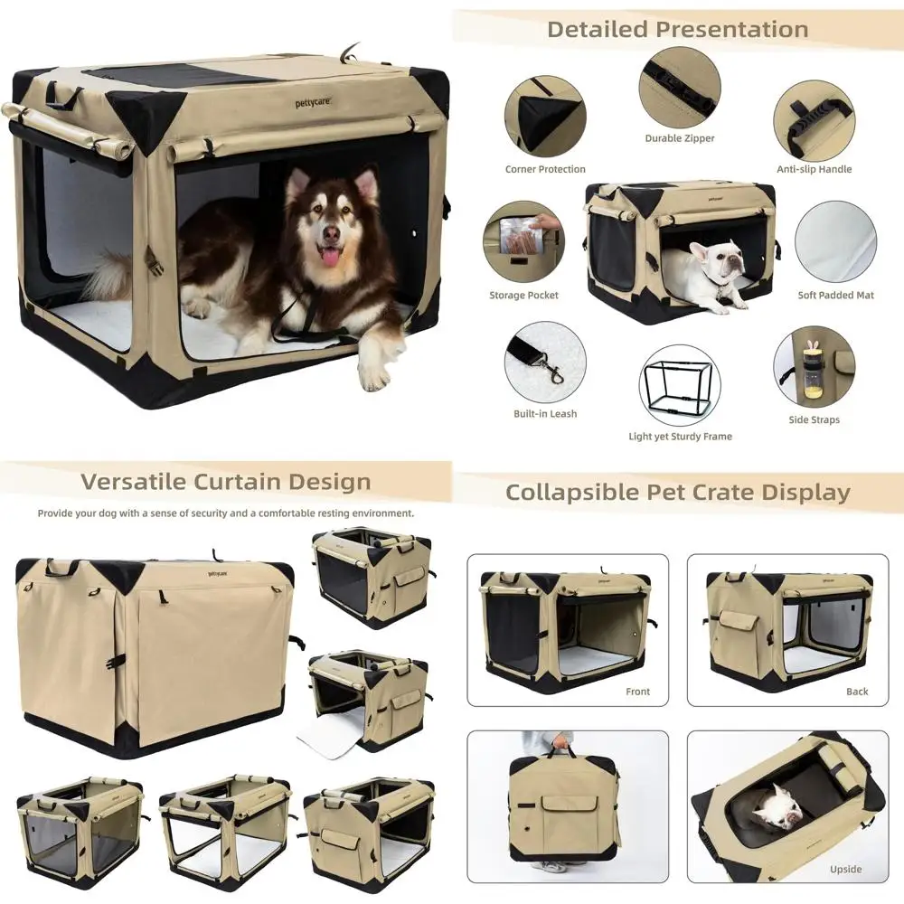 

Collapsible 42 Inch Dog Crate with Curtains for Travel, Airflow, and Calm, Portable Soft Pet Kennel with Carrying Bag