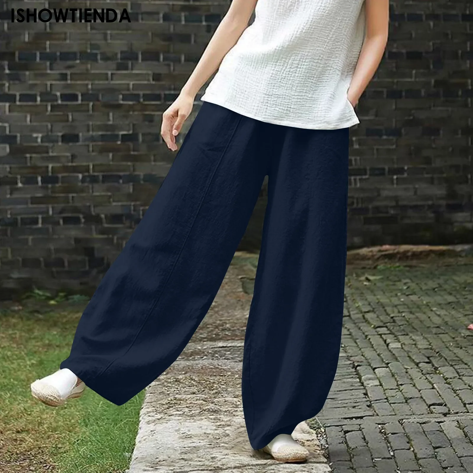 Pantalones holgados de pierna ancha para mujer, de estilo Vintage bombachos, pantalones elegantes de longitud completa, pantalones de cintura elástica sólida