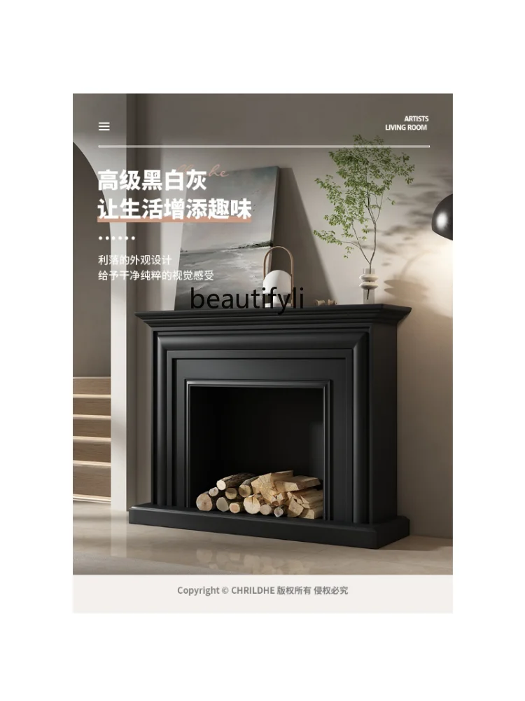 Modern Minimalist Decorative Fireplace Curio Cabinet Italian Simple Fireplace Mantel Silent Wind Black Wall Cabinet Shelf