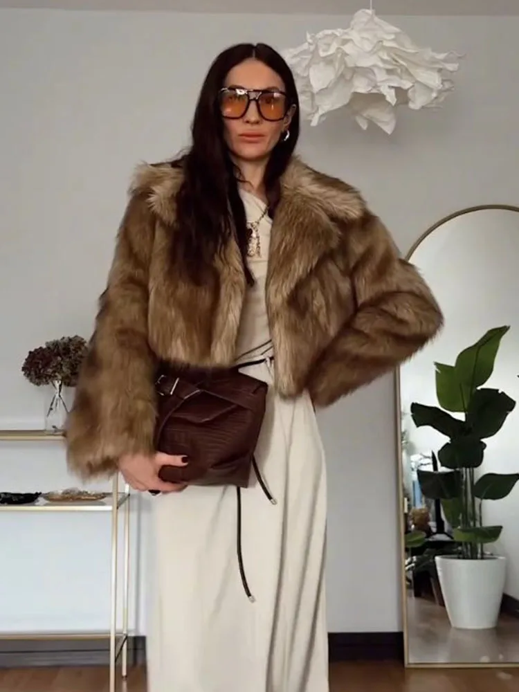 

HH женское зимнее модное универсальное теплое короткое пальто с лацканами и длинными рукавами из искусственного меха, женская уличная повседневная куртка Mujer