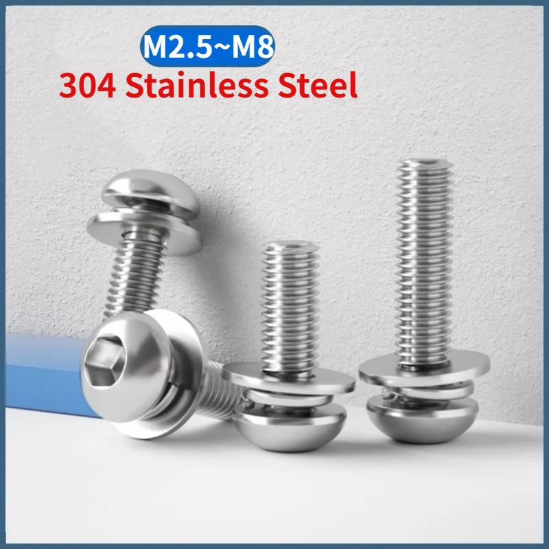 Hexagon Hex Socket Button Head SEM Screw Flat Washer Spring Gasket Assemble Bolt 304 A2-70 Stainless Steel M2.5 M3 M4 M5 M6 M8