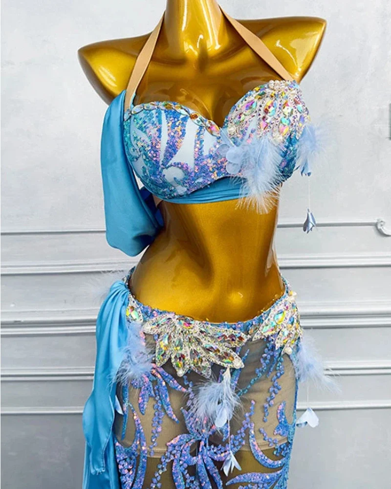 High End Gold Blue Belly Dance Outfit Oriental Dance Adult Female Performance Group Competition Costume Stage Performance Dress